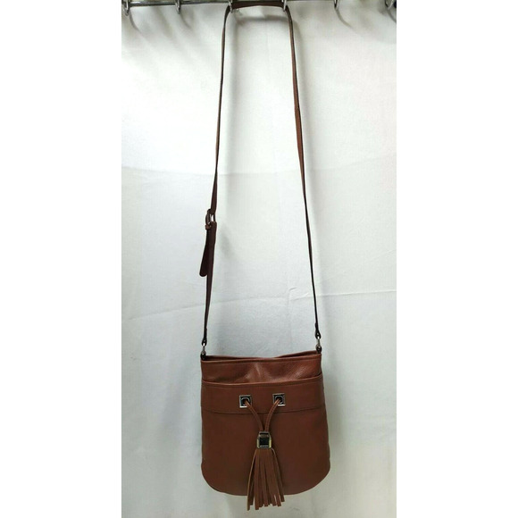 B. Makowsky Brown Leather Pocket Drawstring Tassel Crossbody Bag - Picture 5 of 13